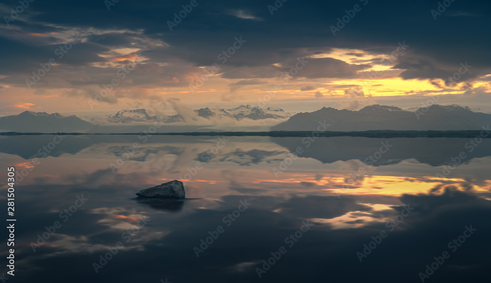 Stunning sunset near diamond beach on Iceland.