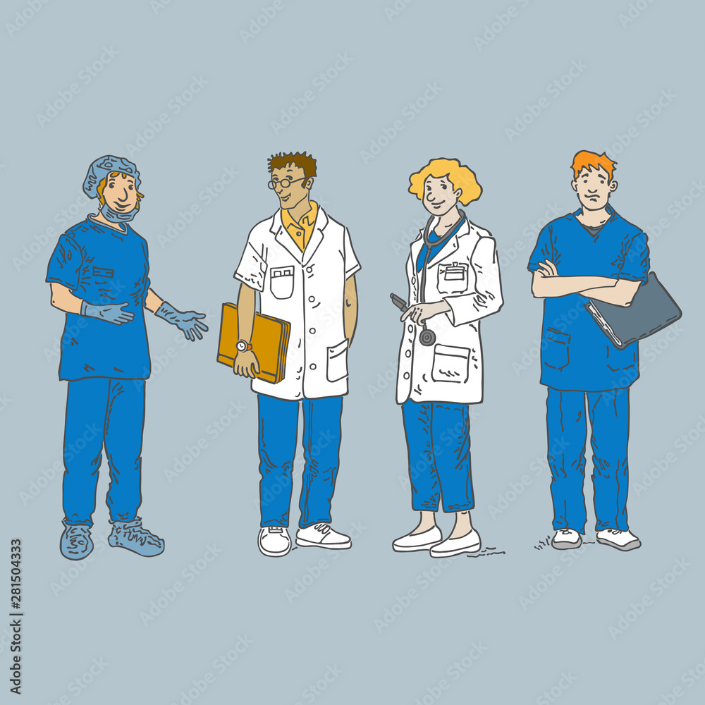 An image of four people of a medical staff: a doctor (a woman), a doctor (a man), a surgery nurse and a nurse boy wearing special medical clothes