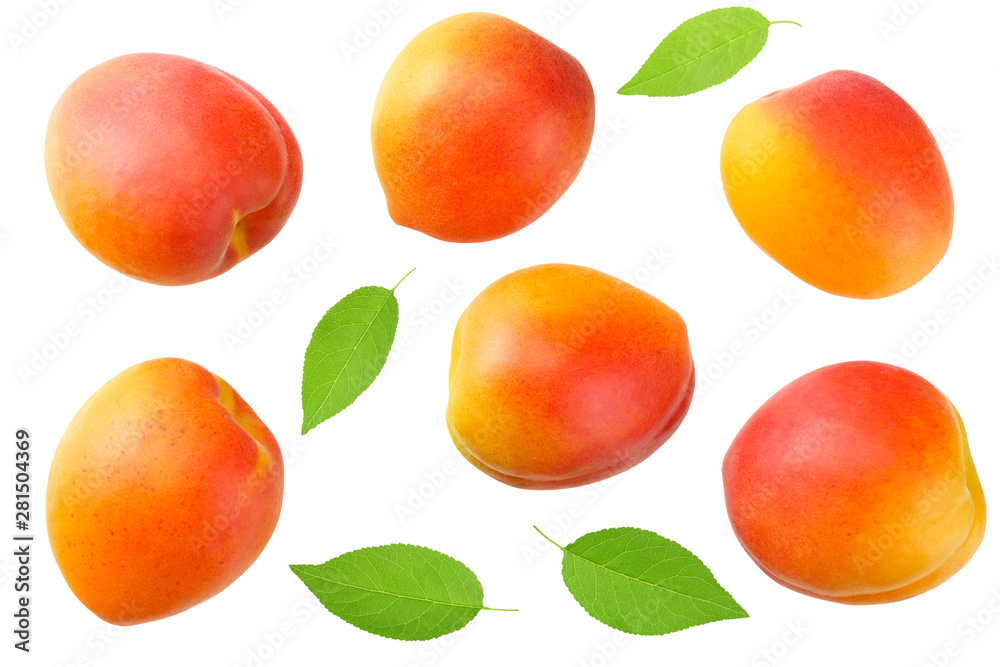 apricot fruits with slices and green leaf isolated on white background. top view apricot fruits with slices and green leaf isolated on white background. top view
