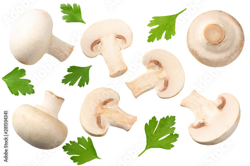 mushrooms with slices and parsley leaf isolated on white background. top view