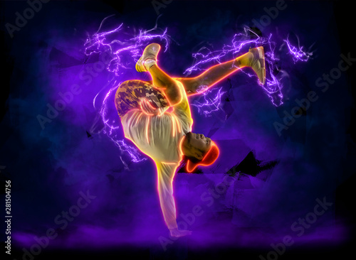 Man break dancing on lightning background