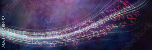 Flowing stream of Solfeggio and Numerology Master Numbers - wide deep purple numerology banner with solfeggio and master numbers flowing across left to right with copy space photo