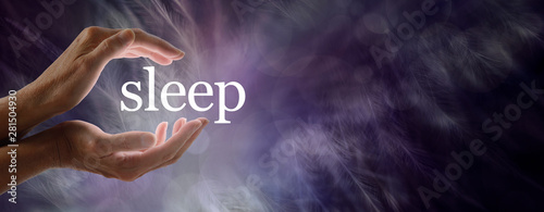Фотография Sleep Concept Banner -  female hands cupped around the word SLEEP against a dark