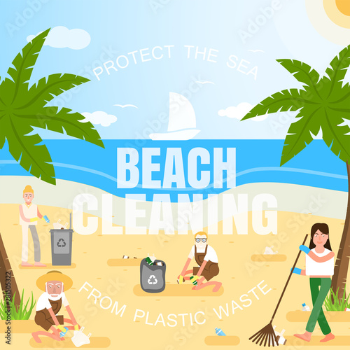 Vector flat illustration of volunteers of different age and race in protective gloves cleaning the beach from plastic waste with palms, trash can, clouds, sun, seagulls and white text in the center.