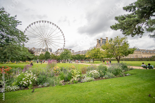Jardin des Tuileries with big ferris wheel in background
