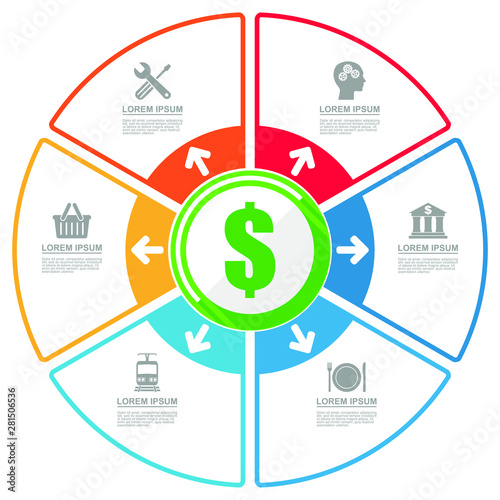 Infographic vector template for presentation, chart, diagram, graph, education, business, transportation, technology, catering concept with 6 options.