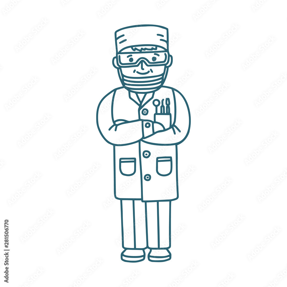 Isolated Dentist Doctor on White Background in Doodle Style