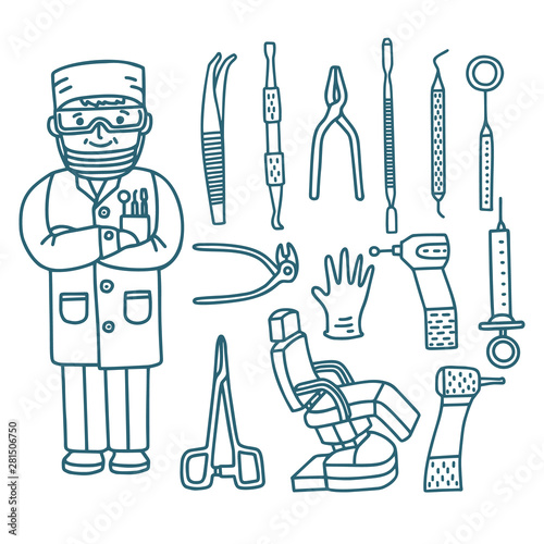 Dentist with Dental Instruments in Doodle Style