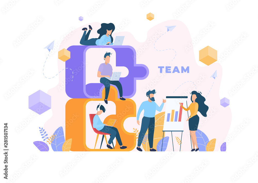 Business Concept. Work in the team, people are part of the puzzle of a successful business. Vector illustration