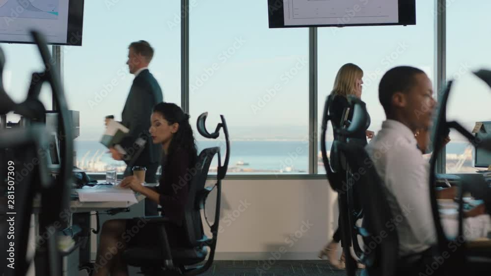 business woman using smartphone having phone call chatting to client on mobile phone looking out window female executive discussing sales in busy office business woman using smartphone having phone call chatting to client on mobile phone looking out window female executive discussing sales in busy office