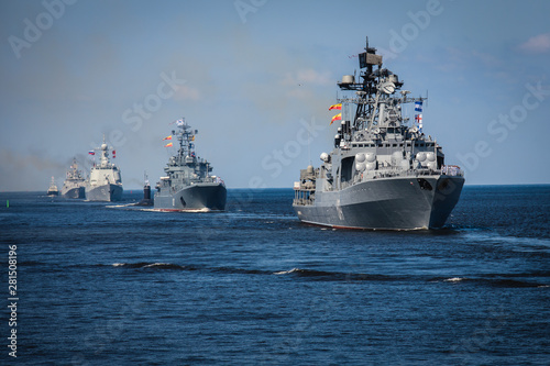 Fotografering A line ahead of modern russian military naval battleships warships in the row, n