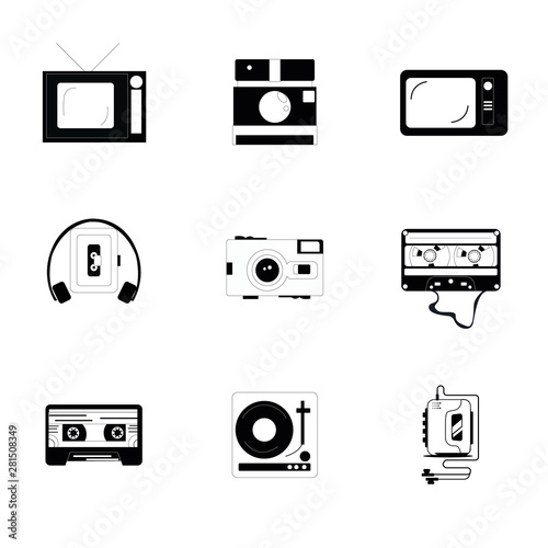 Old multimedia in the form of a set of 9 monochrome icons. Player, TV, Camera, Cassette.