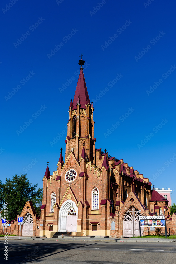Russia, Irkutsk - July 7, 2019: Organ Hall. Irkutsk Regional Philharmonic. Roman Catholic Polish Church, Siberia