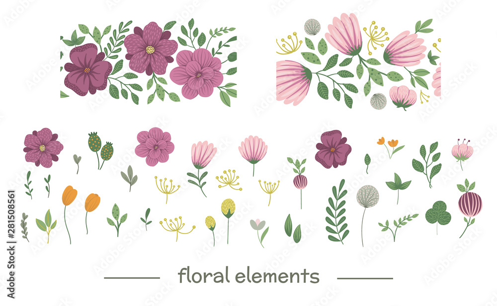 Vector floral clip art set with seamless border brushes. Flat trendy ...
