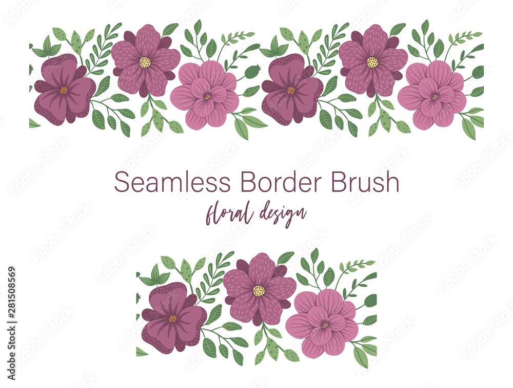 Fototapeta premium Vector seamless pattern brush of green leaves with purple flowers on white background. Floral border ornament. Trendy flat illustration.