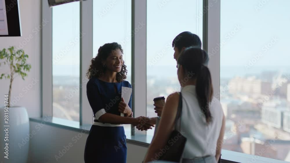business people shaking hands female consultant meeting international clients greeting with handshake planning partnership deal corporate executive working with shareholders in office