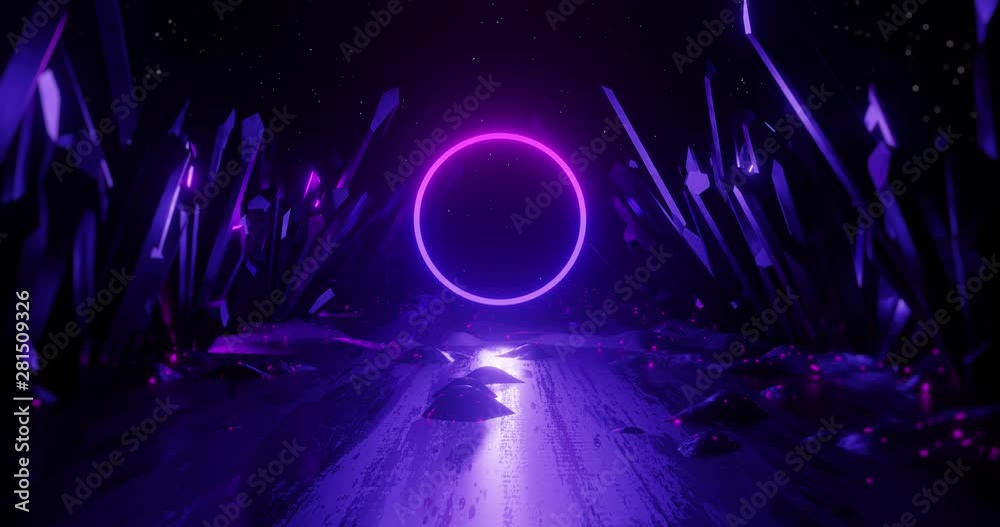 3d render abstract background, neon light shape, flight forward through tunnel corridor of rocks, virtual reality, outer space, seamless looping animation.