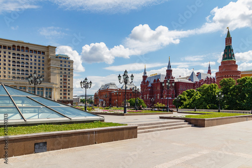 Manezhnaya Square in Moscow on a blue sky background at sunny summer morning