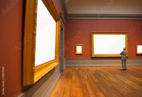 Rear view of man looking at empty gilded frame in art gallery