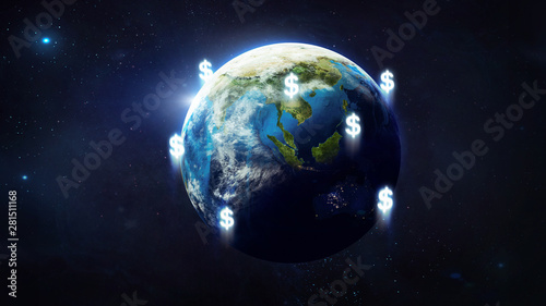 Earth globe with money signs. Dollars. Economics and finance concept. Elements of this image furnished by NASA.