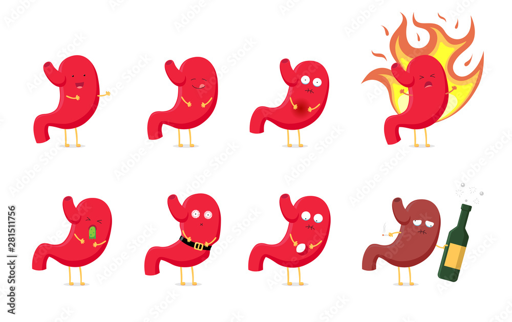 Sad sick unhealthy and healthy strong happy smiling cute stomach character set. Medical human anatomy organ digestive system funny cartoon collection. Vector illustration Sad sick unhealthy and healthy strong happy smiling cute stomach character set. Medical human anatomy organ digestive system funny cartoon collection. Vector illustration