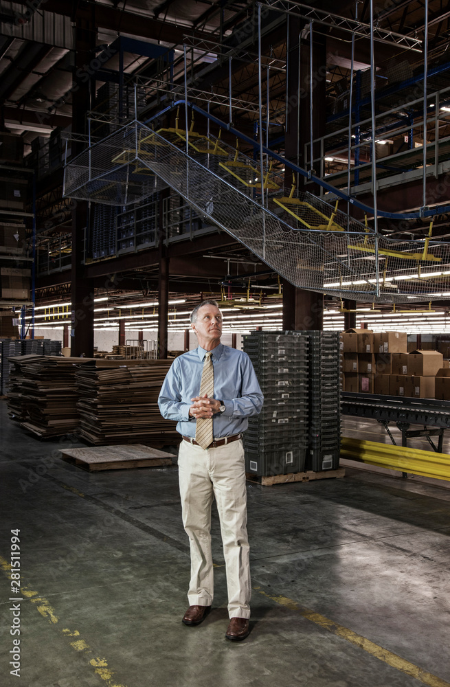 Man standing by motorized conveyor system in distribution warehouse Man standing by motorized conveyor system in distribution warehouse