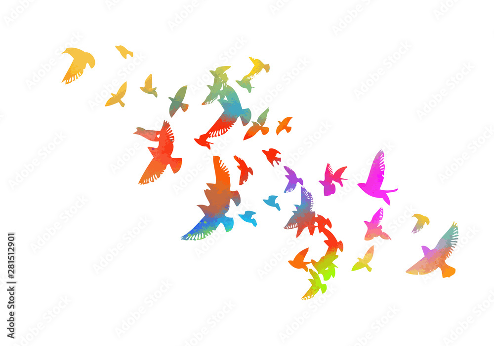 Multi-colored birds. A flock of flying rainbow birds. Vector illustration Multi-colored birds. A flock of flying rainbow birds. Vector illustration