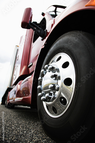 Close up of commercial truck tire on road