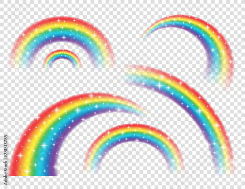 Abstract Realistic Colorful Rainbow with Shiny Stars on Transparent Background. Vector illustration.