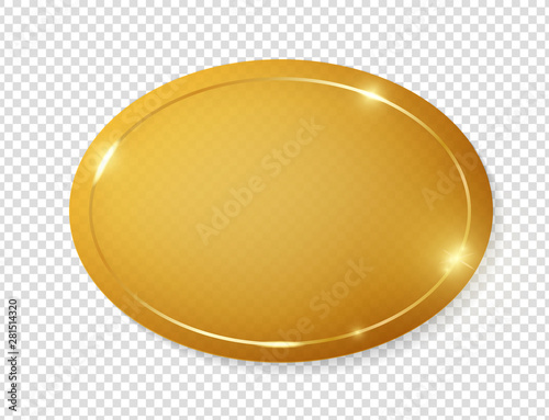 Gold shiny glowing vintage frame on plate isolated on transparent background. Golden luxury realistic border. Wedding, mothers or Valentines day concept. Xmas and New Year paper abstract. Vector
