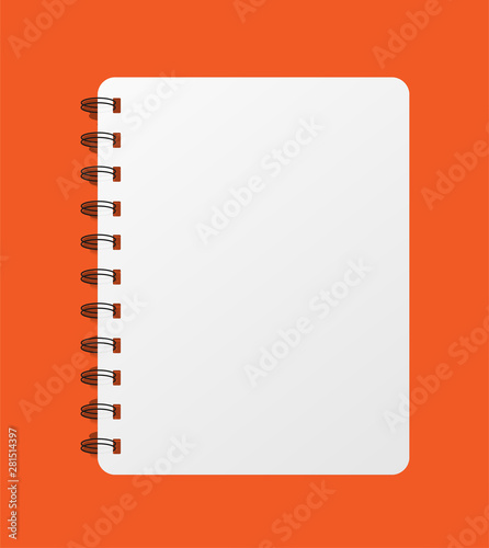 Notepad empty white realistic mockup isolated on orange background. For your image, logo, text or design. Blank notebook mock up with shadow. Vector illustration