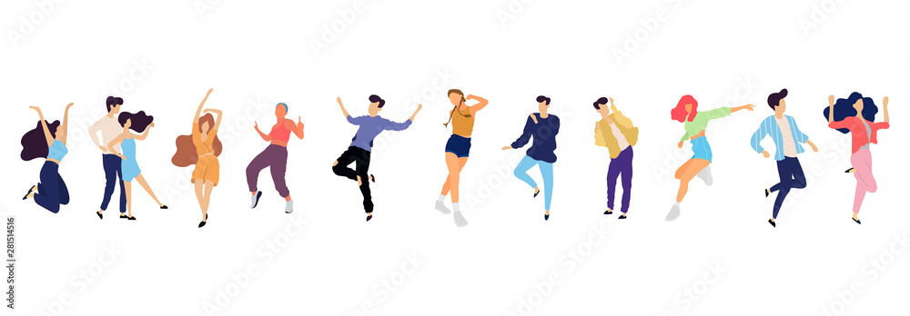 Crowd of young people dancing at club. Big set of characters having fun at party. Flat colorful vector illustration.