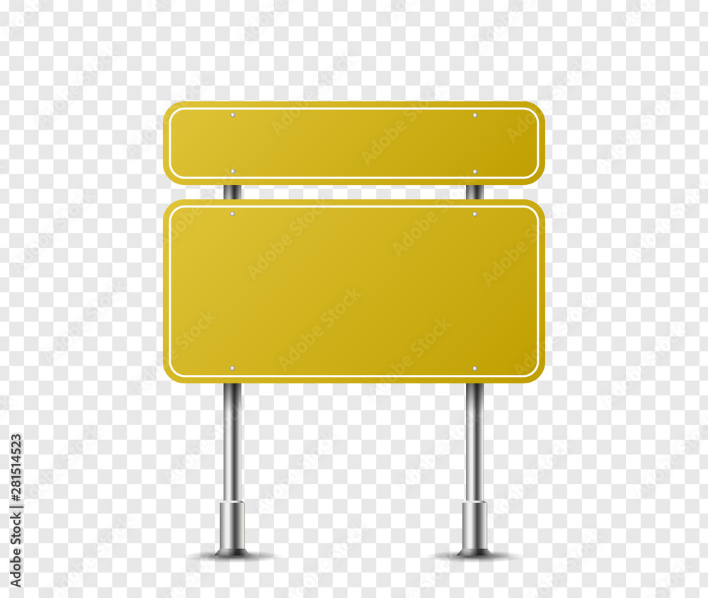Realistic rectangle traffic sign on metal steel pole isolated. Yellow road panel mockup - direction highway, board text, city location, street arrow, stop, danger, warning signage. Vector illustration Realistic rectangle traffic sign on metal steel pole isolated. Yellow road panel mockup - direction highway, board text, city location, street arrow, stop, danger, warning signage. Vector illustration