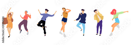 Crowd of young people dancing at club. Big set of characters having fun at party. Flat colorful vector illustration.