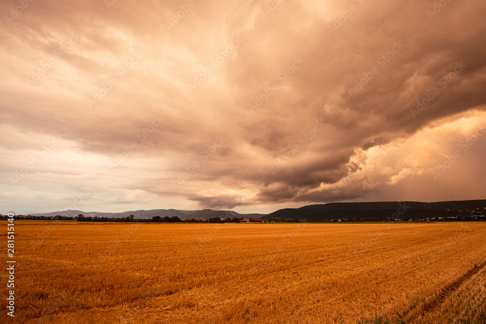 Dark Strong Thunder Clouds Panorama View with field
