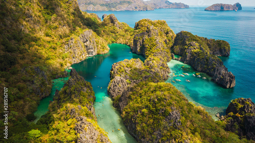 El Nido, Palawan, Philippines, aerial view of beautiful lagoon and limestone cliffs.