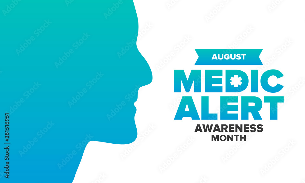 Medic Alert Awareness Month in August. Medical bracelets. First aid, emergency. Medical design. Celebration in United States. Poster, greeting card, banner and background. Vector illustration