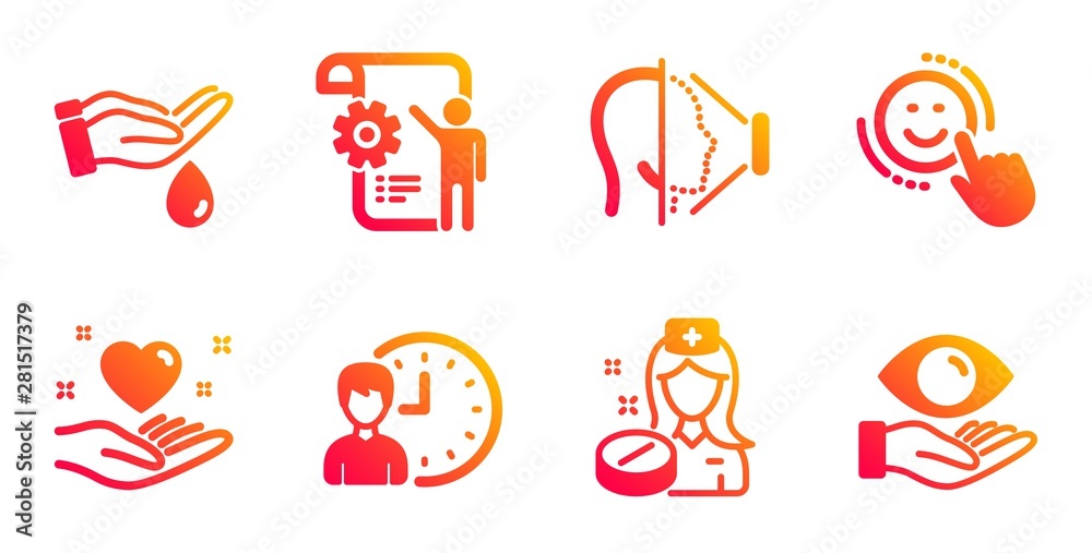 Wash hands, Hold heart and Nurse line icons set. Settings blueprint, Working hours and Smile signs. Face id, Health eye symbols. Skin care, Friendship. People set. Vector