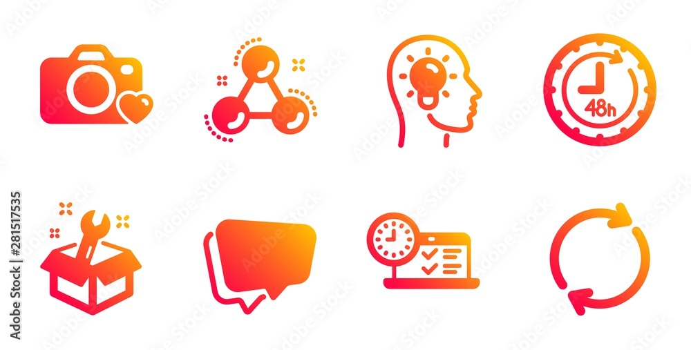 Idea head, Speech bubble and Photo camera line icons set. Chemistry molecule, Spanner and 48 hours signs. Online test, Full rotation symbols. Lightbulb, Chat message. Technology set. Vector