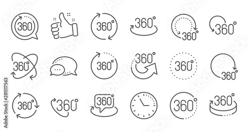 360 degrees line icons. Rotate arrow, VR panoramic simulation and augmented reality. 360 degrees virtual gaming, abstract geometry, full rotation view icons. Linear set. Quality line set. Vector