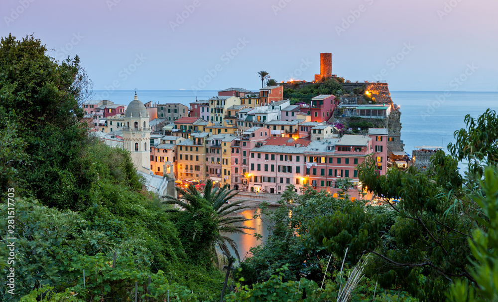 Charming Vernazza town after sunset, Cinque Terre, Italy