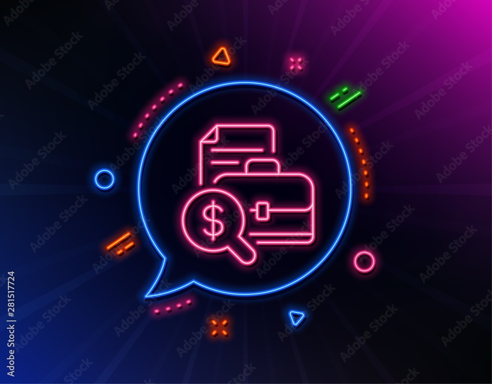 Accounting report line icon. Neon laser lights. Audit sign. Check finance symbol. Glow laser speech bubble. Neon lights chat bubble. Banner badge with accounting report icon. Vector