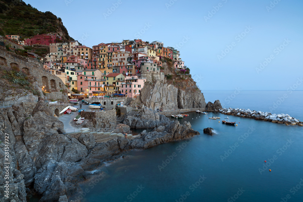 Charming Manarola town after sunset, Cinque Terre, Italy
