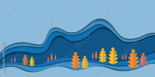 Autumn nature landscape background, tree paper leaves, fall season sale banner, thanksgiving day poster, paper cut out art, vector illustration. Ecology save the forest environment conservation idea.
