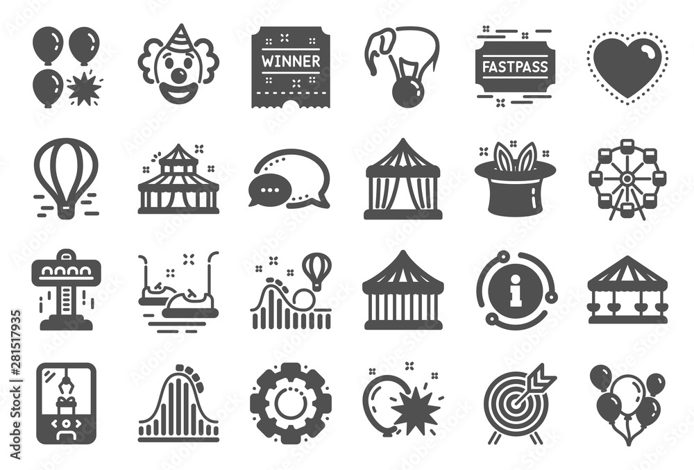 Amusement park icons. Set of Carousel, Roller coaster and Circus icons. Air balloon, Crane claw machine and Fastpass symbols. Circus amusement park tickets. Ferris wheel carousel. Quality set. Vector