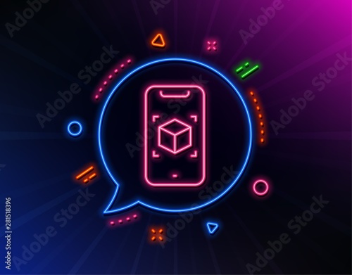 Augmented reality phone line icon. Neon laser lights. VR simulation sign. 3d cube symbol. Glow laser speech bubble. Neon lights chat bubble. Banner badge with augmented reality icon. Vector
