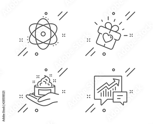 Love gift, Skin care and Atom line icons set. Accounting sign. Heart present, Hand cream, Electron. Supply and demand. Line love gift outline icon. Vector