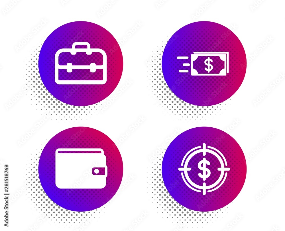 Money wallet, Portfolio and Money transfer icons simple set. Halftone dots button. Dollar target sign. Payment method, Business case, Cash delivery. Aim with usd. Finance set. Vector Money wallet, Portfolio and Money transfer icons simple set. Halftone dots button. Dollar target sign. Payment method, Business case, Cash delivery. Aim with usd. Finance set. Vector