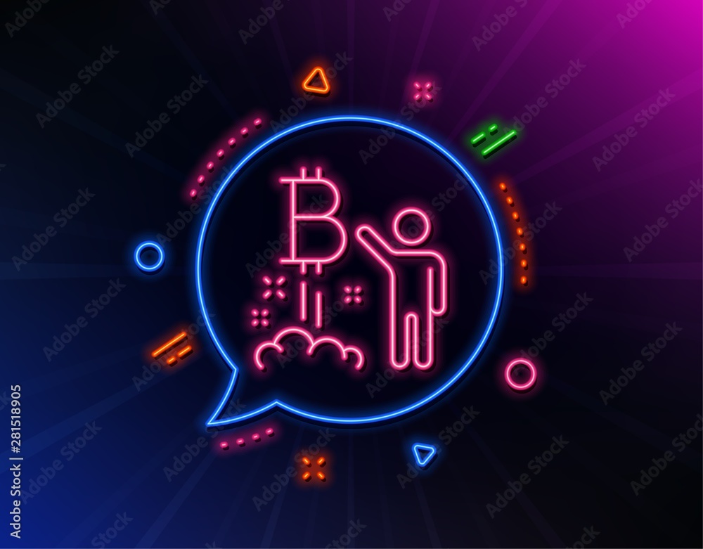 Obraz premium Bitcoin line icon. Neon laser lights. Cryptocurrency startup sign. Crypto project symbol. Glow laser speech bubble. Neon lights chat bubble. Banner badge with bitcoin project icon. Vector