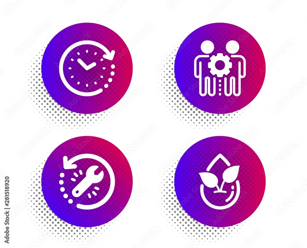 Employees teamwork, Time change and Recovery tool icons simple set. Halftone dots button. Organic product sign. Collaboration, Clock, Backup info. Leaf. Science set. Vector